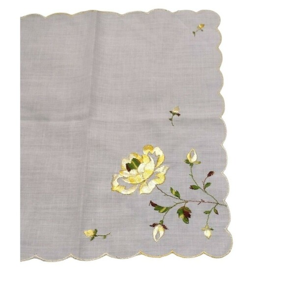 Vintage White Handkerchief Hanky Embroidered Yellow Rose Yellow Scalloped Edge - Picture 2 of 3